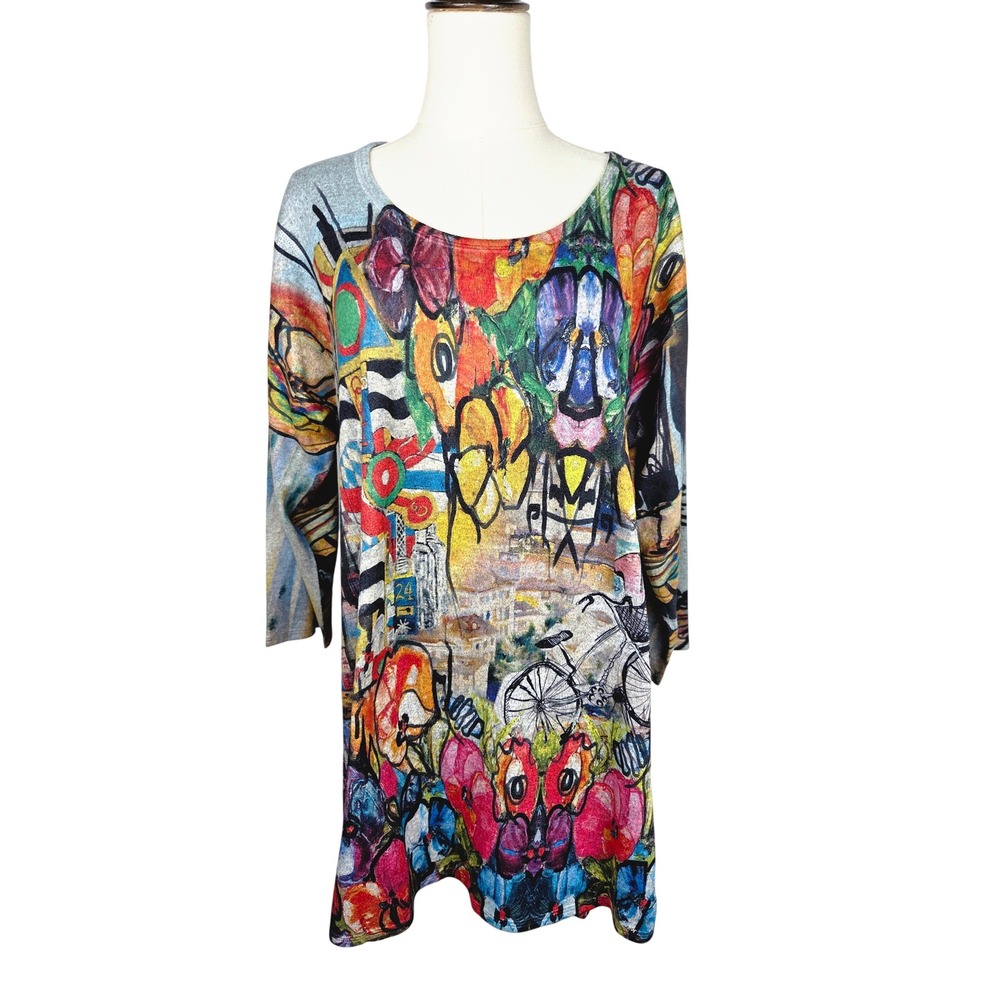Et Lois Tunic Top Large Multi-Color Art Print 3/4 Sleeve Scoop Neck Art To Wear